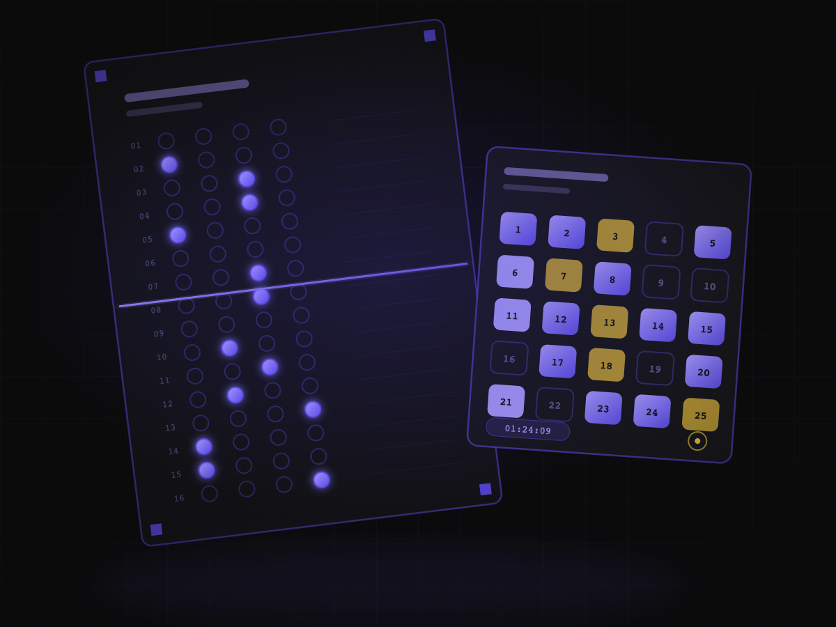 An OMR answer sheet being scanned beside a colour-coded question palette and exam timer